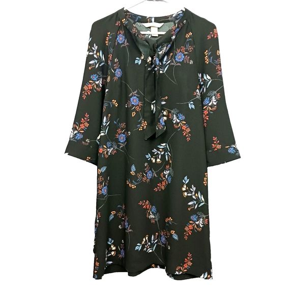 H & M Dress Womens 2 Sheath Black Floral Blue Red Tie Neck Long Sleeve Midi - Picture 1 of 10